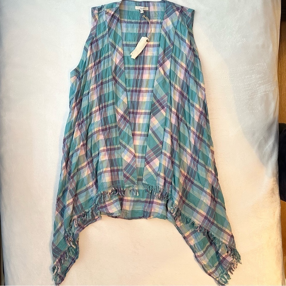 Easel Crinkle Plaid Open Front Waterfall Duster Vest Frayed Hem M blue purple
